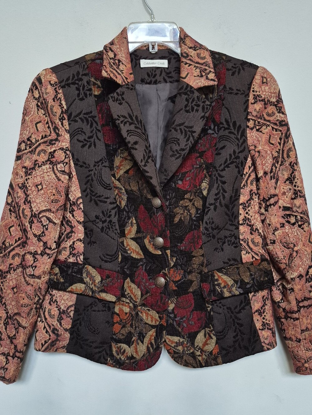 Coldwater Creek Multicolor Patchwork Floral Tapesty Blazer in Brown, Red & Tan S